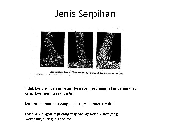 Jenis Serpihan Tidak kontinu: bahan getas (besi cor, perunggu) atau bahan ulet kalau koefisien