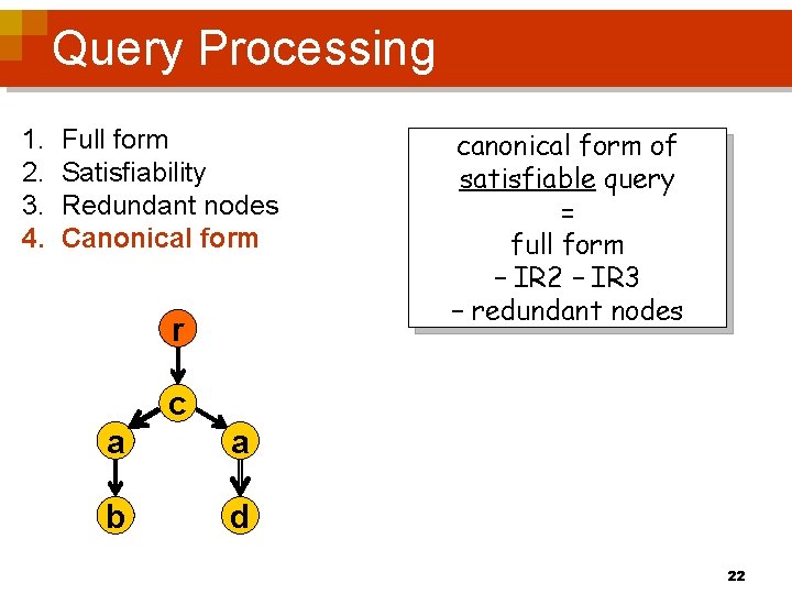 Query Processing 1. 2. 3. 4. Full form Satisfiability Redundant nodes Canonical form r