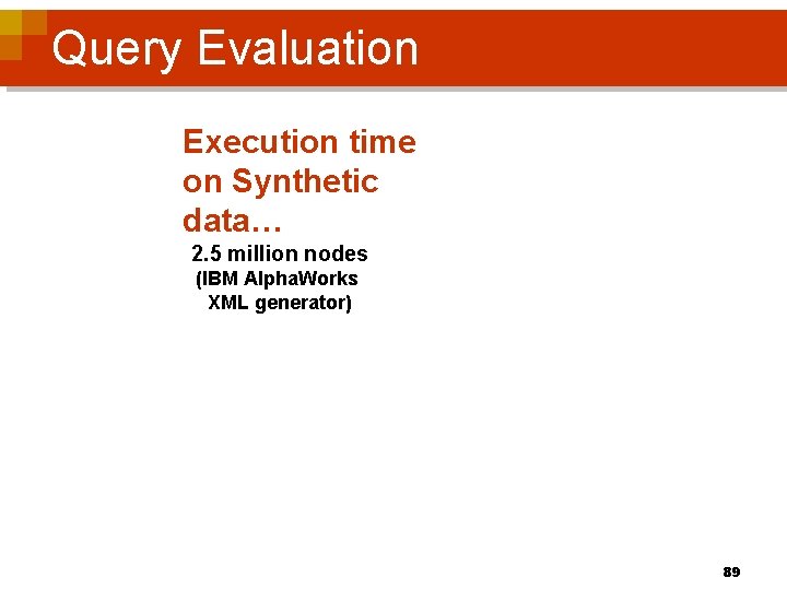 Query Evaluation Execution time on Synthetic data… 2. 5 million nodes (IBM Alpha. Works