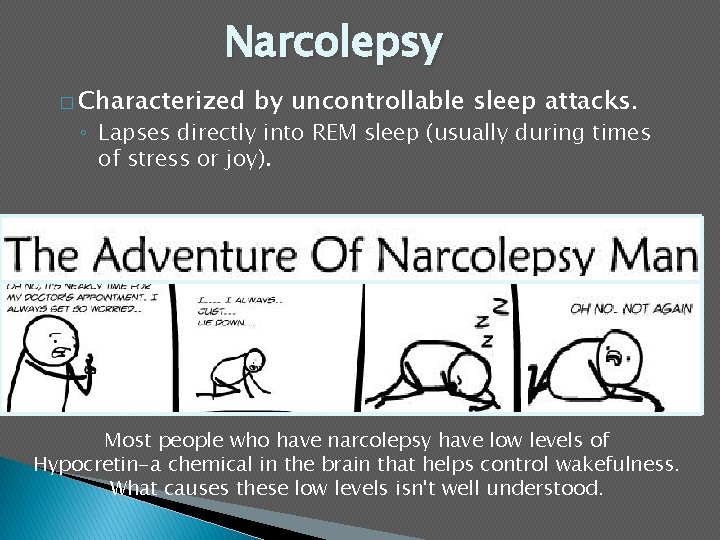 Narcolepsy � Characterized by uncontrollable sleep attacks. ◦ Lapses directly into REM sleep (usually
