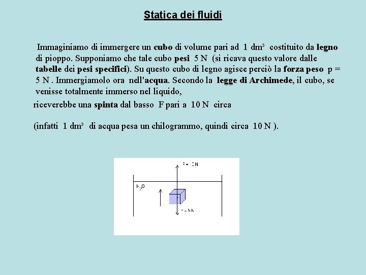 Statica dei fluidi Immaginiamo di immergere un cubo di volume pari ad 1 dm³