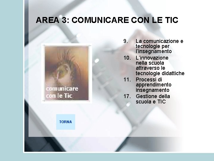 AREA 3: COMUNICARE CON LE TIC 9. La comunicazione e tecnologie per l’insegnamento 10.