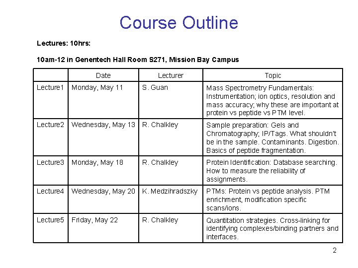 Course Outline Lectures: 10 hrs: 10 am-12 in Genentech Hall Room S 271, Mission