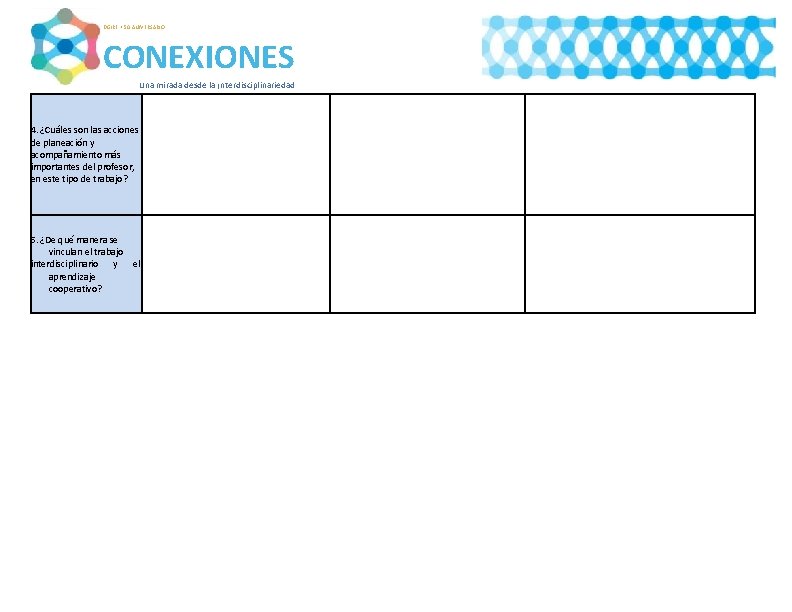 DGIRE • 50 ANIVERSARIO CONEXIONES Una mirada desde la ¡nterdisciplinariedad 4. ¿Cuáles son las