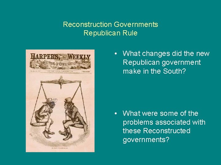Reconstruction Governments Republican Rule • What changes did the new Republican government make in
