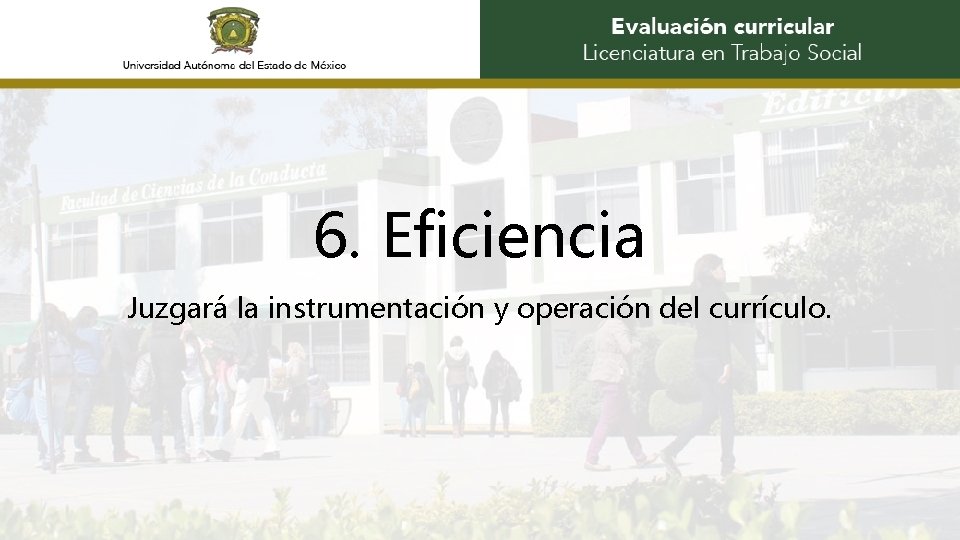 6. Eficiencia Juzgará la instrumentación y operación del currículo. 