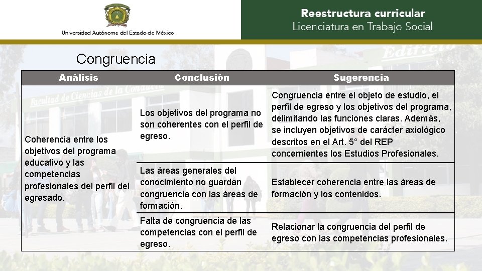 Congruencia Análisis Coherencia entre los objetivos del programa educativo y las competencias profesionales del