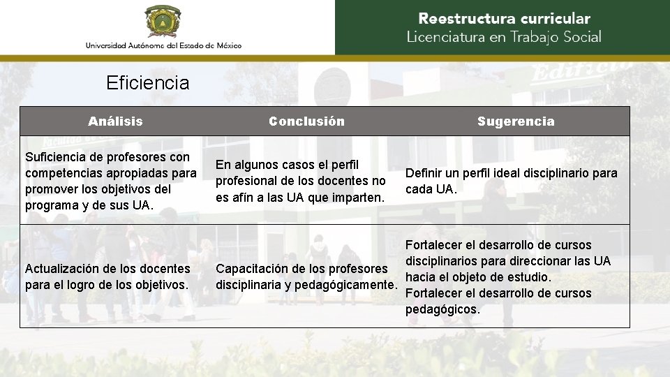 Eficiencia Análisis Conclusión Sugerencia Suficiencia de profesores con competencias apropiadas para promover los objetivos