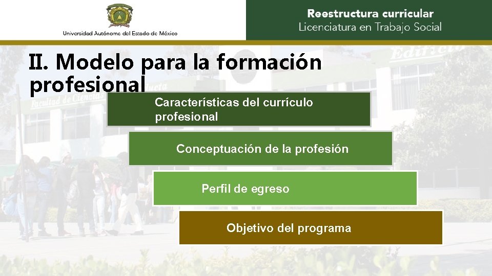 II. Modelo para la formación profesional Características del currículo profesional Conceptuación de la profesión