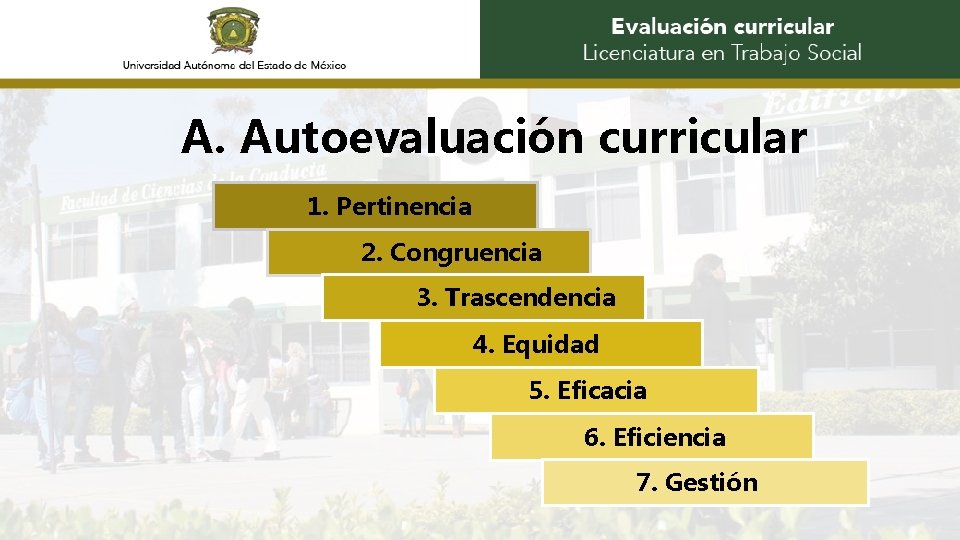 A. Autoevaluación curricular 1. Pertinencia 2. Congruencia 3. Trascendencia 4. Equidad 5. Eficacia 6.