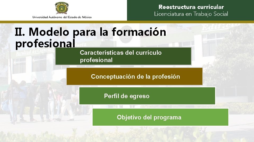 II. Modelo para la formación profesional Características del currículo profesional Conceptuación de la profesión