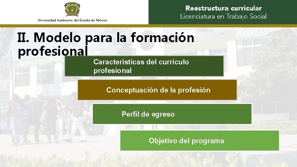 II. Modelo para la formación profesional Características del currículo profesional Conceptuación de la profesión