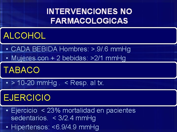 INTERVENCIONES NO FARMACOLOGICAS ALCOHOL • CADA BEBIDA Hombres: >. 9/. 6 mm. Hg •