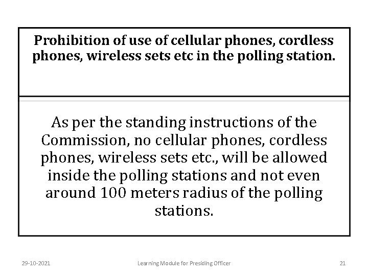 Prohibition of use of cellular phones, cordless phones, wireless sets etc in the polling