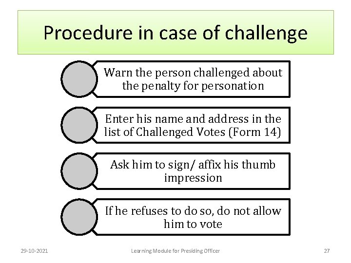 Procedure in case of challenge Warn the person challenged about the penalty for personation