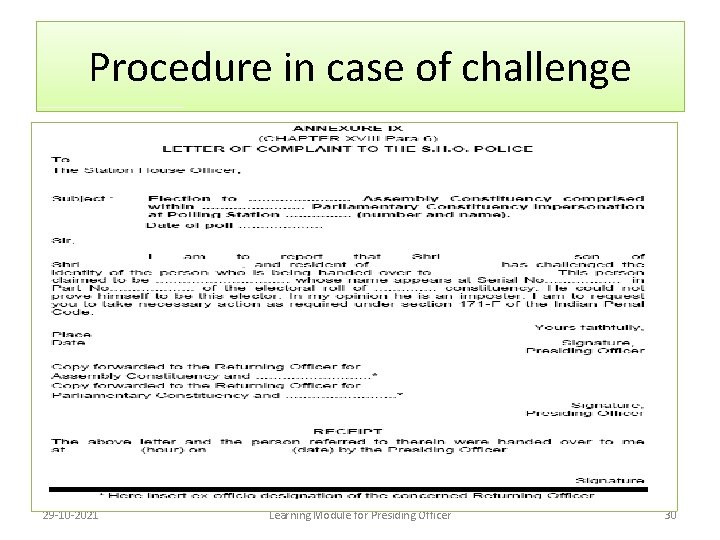 Procedure in case of challenge 29 -10 -2021 Learning Module for Presiding Officer 30