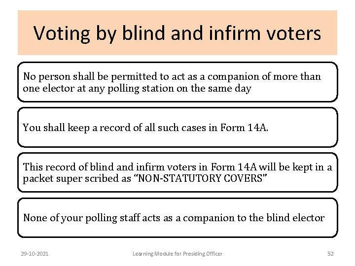 Voting by blind and infirm voters No person shall be permitted to act as