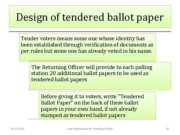 Design of tendered ballot paper Tender voters means some one whose identity has been