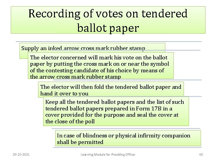 Recording of votes on tendered ballot paper Supply an inked arrow cross mark rubber