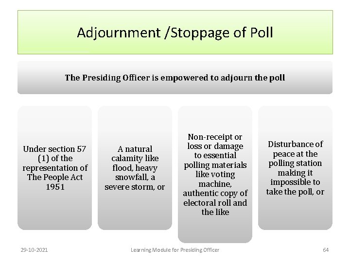 Adjournment /Stoppage of Poll The Presiding Officer is empowered to adjourn the poll Under