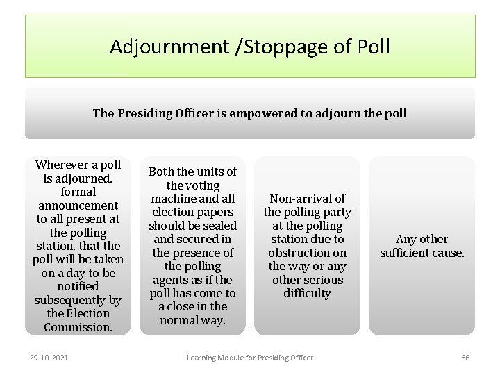 Adjournment /Stoppage of Poll The Presiding Officer is empowered to adjourn the poll Wherever