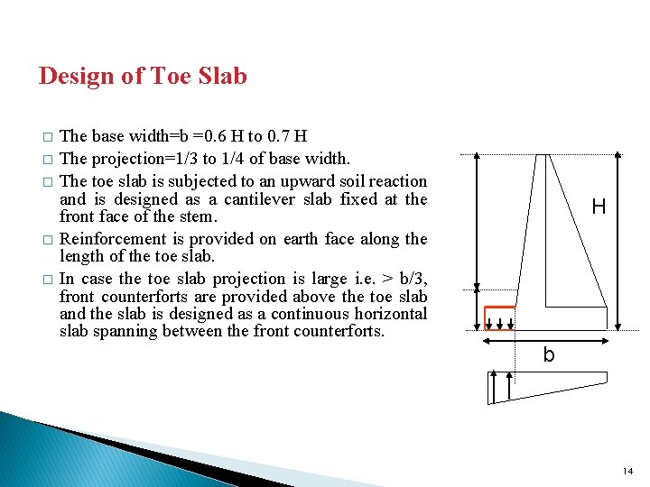 Design of Toe Slab � � � The base width=b =0. 6 H to