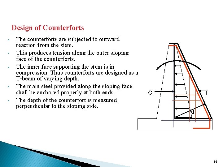 Design of Counterforts • • • The counterforts are subjected to outward reaction from