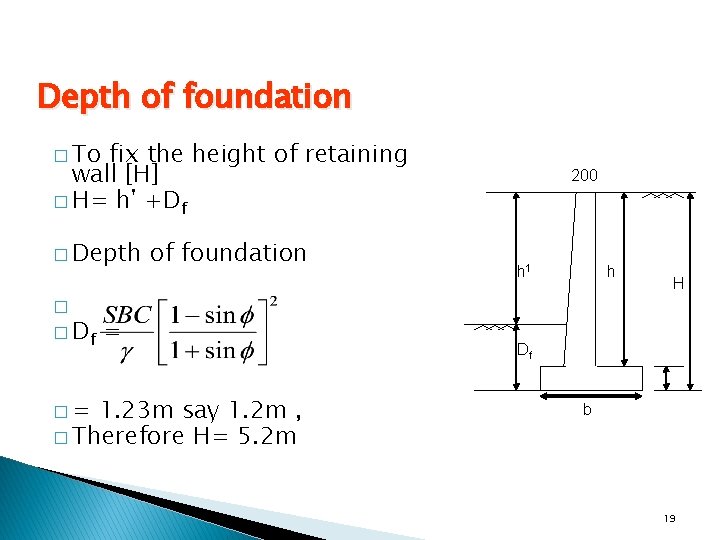 Depth of foundation � To fix the height of retaining wall [H] � H=