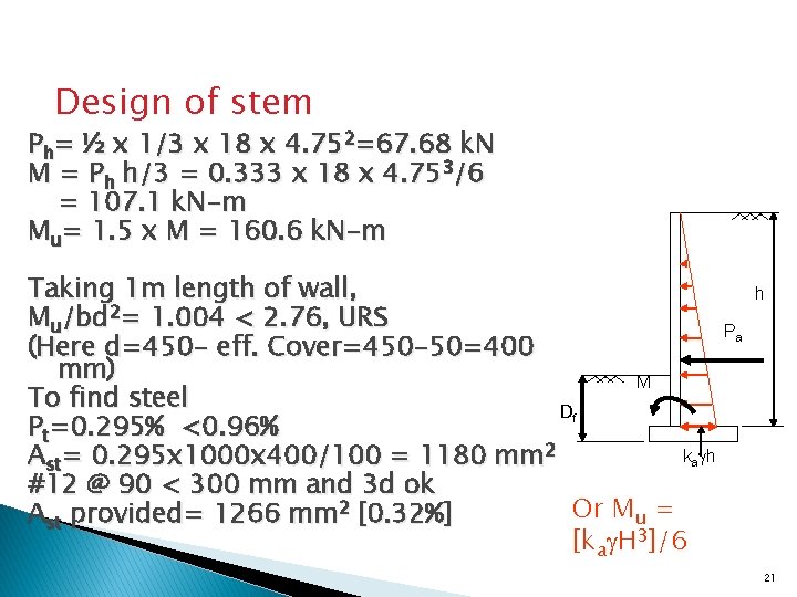 Design of stem Ph= ½ x 1/3 x 18 x 4. 752=67. 68 k.