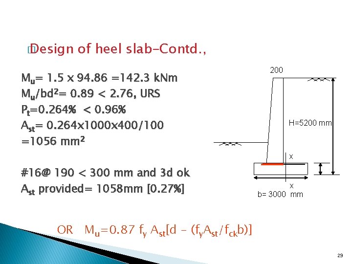 � Design of heel slab-Contd. , Mu= 1. 5 x 94. 86 =142. 3