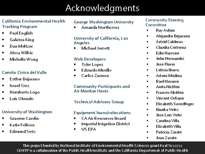 Acknowledgments California Environmental Health Tracking Program § Paul English § Galatea King § Dan