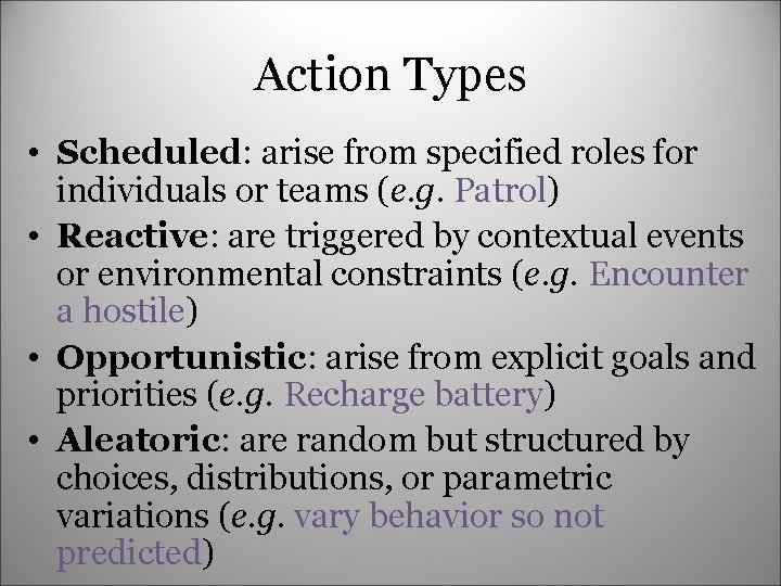 Action Types • Scheduled: arise from specified roles for individuals or teams (e. g.