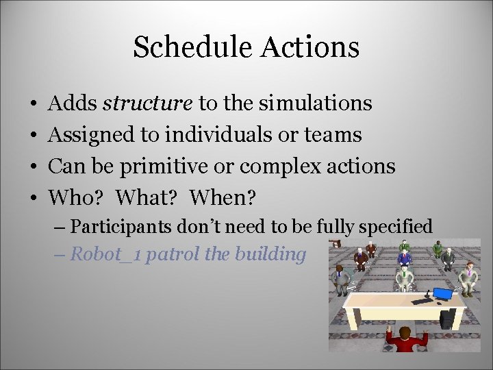 Schedule Actions • • Adds structure to the simulations Assigned to individuals or teams