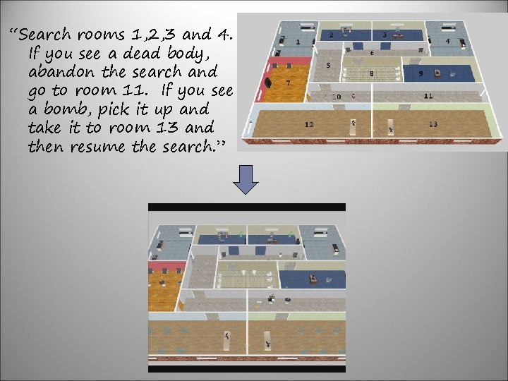 “Search rooms 1, 2, 3 and 4. If you see a dead body, abandon
