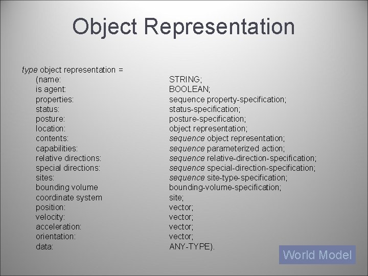 Object Representation type object representation = (name: is agent: properties: status: posture: location: contents: