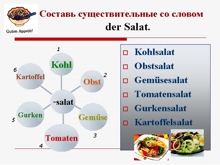 Составь существительные со словом der Salat. 1 o Kohl 6 Kartoffel o Obst 2