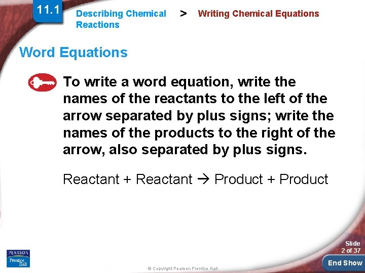 11. 1 Describing Chemical Reactions > Writing Chemical Equations Word Equations To write a 11. 1 Describing Chemical Reactions > Writing Chemical Equations Word Equations To write a