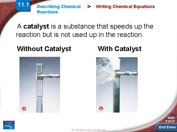 11. 1 Describing Chemical Reactions > Writing Chemical Equations A catalyst is a substance 11. 1 Describing Chemical Reactions > Writing Chemical Equations A catalyst is a substance