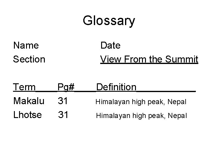 Glossary Name Section Date View From the Summit Term____Pg#____Definition______ Makalu 31 Himalayan high peak,