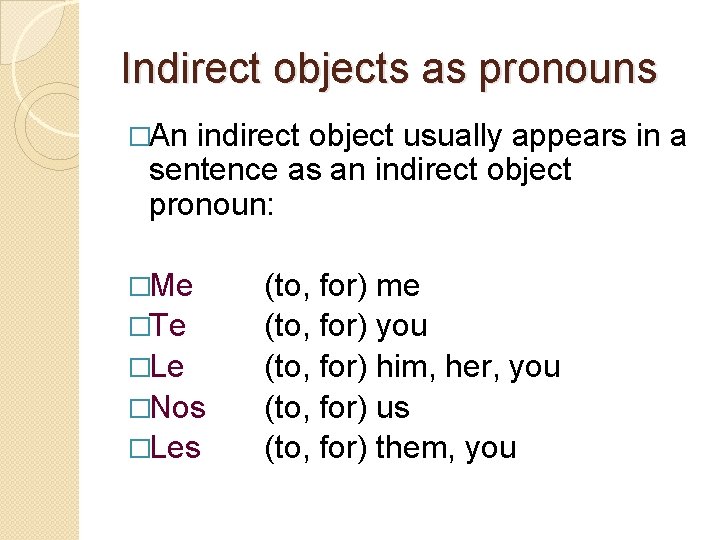 Indirect objects as pronouns �An indirect object usually appears in a sentence as an