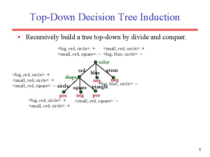 Top-Down Decision Tree Induction • Recursively build a tree top-down by divide and conquer.