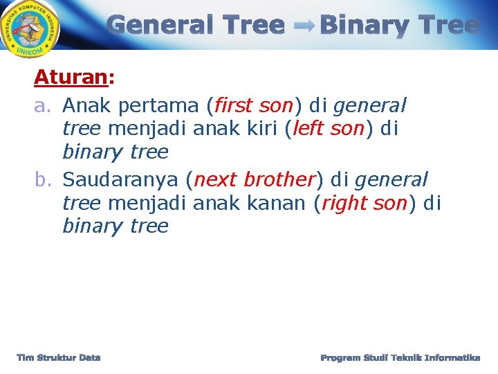 General Tree Binary Tree Aturan: a. Anak pertama (first son) di general tree menjadi