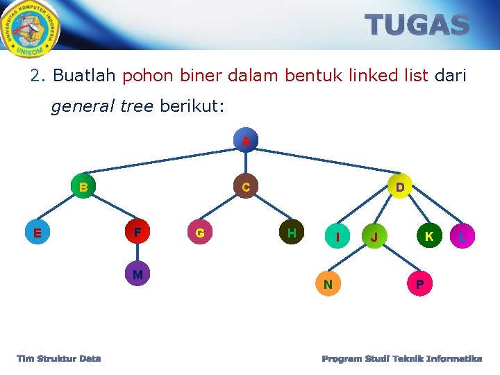 TUGAS 2. Buatlah pohon biner dalam bentuk linked list dari general tree berikut: A
