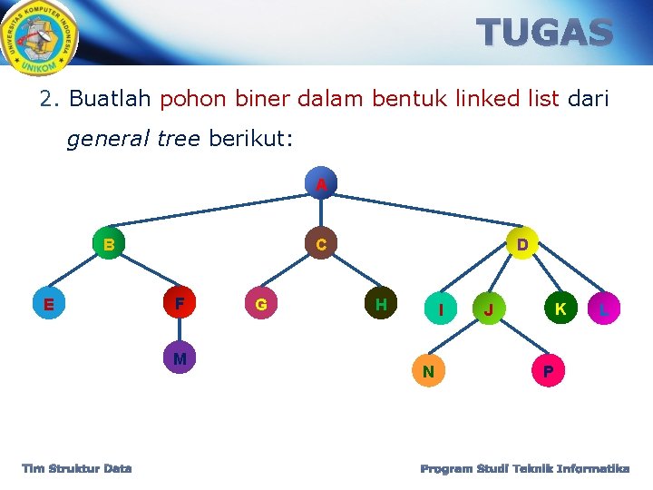 TUGAS 2. Buatlah pohon biner dalam bentuk linked list dari general tree berikut: A