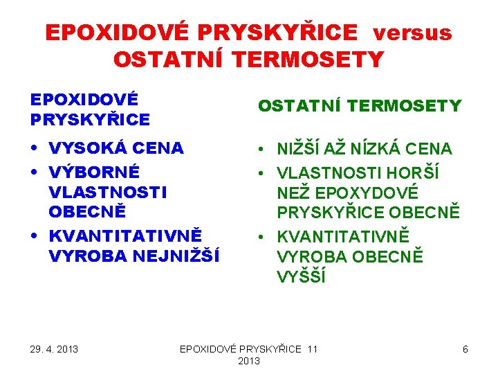 EPOXIDOVÉ PRYSKYŘICE versus OSTATNÍ TERMOSETY EPOXIDOVÉ PRYSKYŘICE OSTATNÍ TERMOSETY • VYSOKÁ CENA • VÝBORNÉ