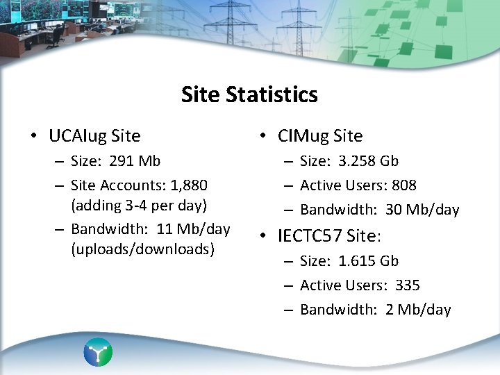 Site Statistics • UCAIug Site – Size: 291 Mb – Site Accounts: 1, 880