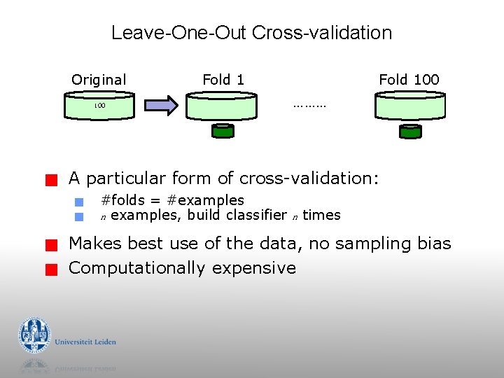 Leave-One-Out Cross-validation Original 100 g g g Fold 100 ……… A particular form of