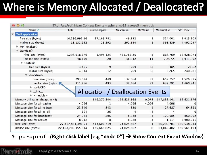 Where is Memory Allocated / Deallocated? Allocation / Deallocation Events % paraprof (Right-click label