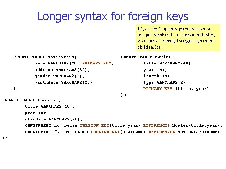 Longer syntax foreign keys If you don’t specify primary keys or unique constraints in