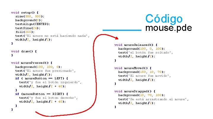 void setup() { size(500, 500); background(0); text. Align(CENTER); text. Size(24); fill(255); text("El mouse no